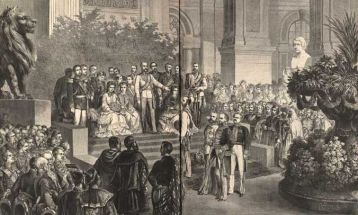 Die Eröffnungszeremonie. Originalzeichnung von F. Kollarz (Über Land und Meer, 1873, Wienbibliothek im Rathaus, F-27.295)