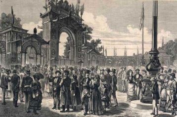 Sonntagspublikum am Eingang der Ausstellung. Originalzeichnung von J. Schönberg (Illustrirte Zeitung, 1873, Wienbibliothek im Rathaus, F-23.720)